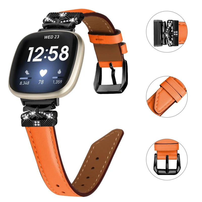 Fitbit Versa 3 / 4 / Sense / Sense 2 Black Buckle Geniune Cowhide Leather Band Butterfly Watch Strap