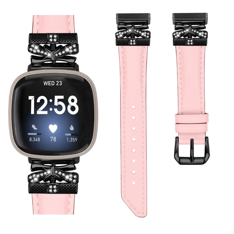Fitbit Versa 3 / 4 / Sense / Sense 2 Black Buckle Geniune Cowhide Leather Band Butterfly Watch Strap