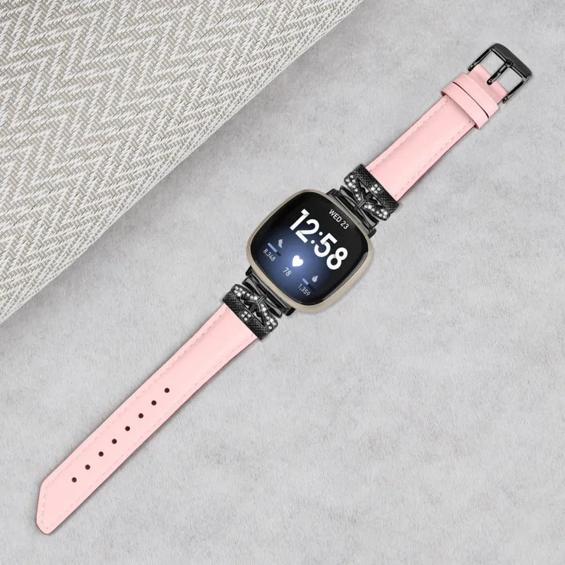 Fitbit Versa 3 / 4 / Sense / Sense 2 Black Buckle Geniune Cowhide Leather Band Butterfly Watch Strap