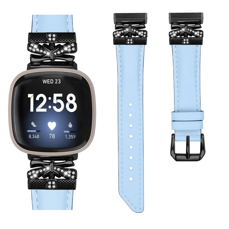 Fitbit Versa 3 / 4 / Sense / Sense 2 Black Buckle Geniune Cowhide Leather Band Butterfly Watch Strap