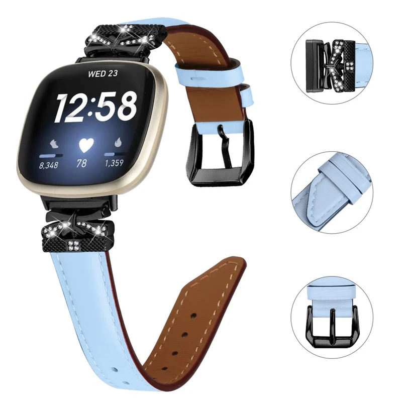 Fitbit Versa 3 / 4 / Sense / Sense 2 Black Buckle Geniune Cowhide Leather Band Butterfly Watch Strap