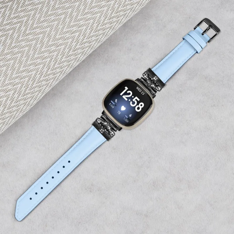 Fitbit Versa 3 / 4 / Sense / Sense 2 Black Buckle Geniune Cowhide Leather Band Butterfly Watch Strap