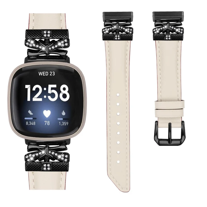 Fitbit Versa 3 / 4 / Sense / Sense 2 Black Buckle Geniune Cowhide Leather Band Butterfly Watch Strap
