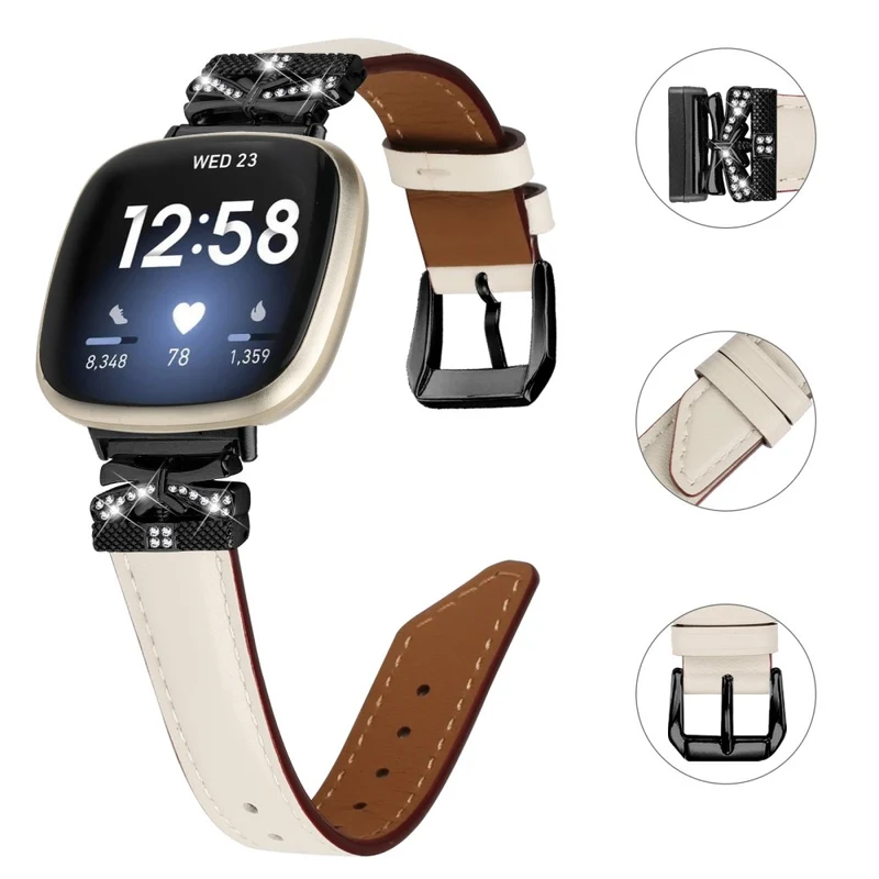 Fitbit Versa 3 / 4 / Sense / Sense 2 Black Buckle Geniune Cowhide Leather Band Butterfly Watch Strap