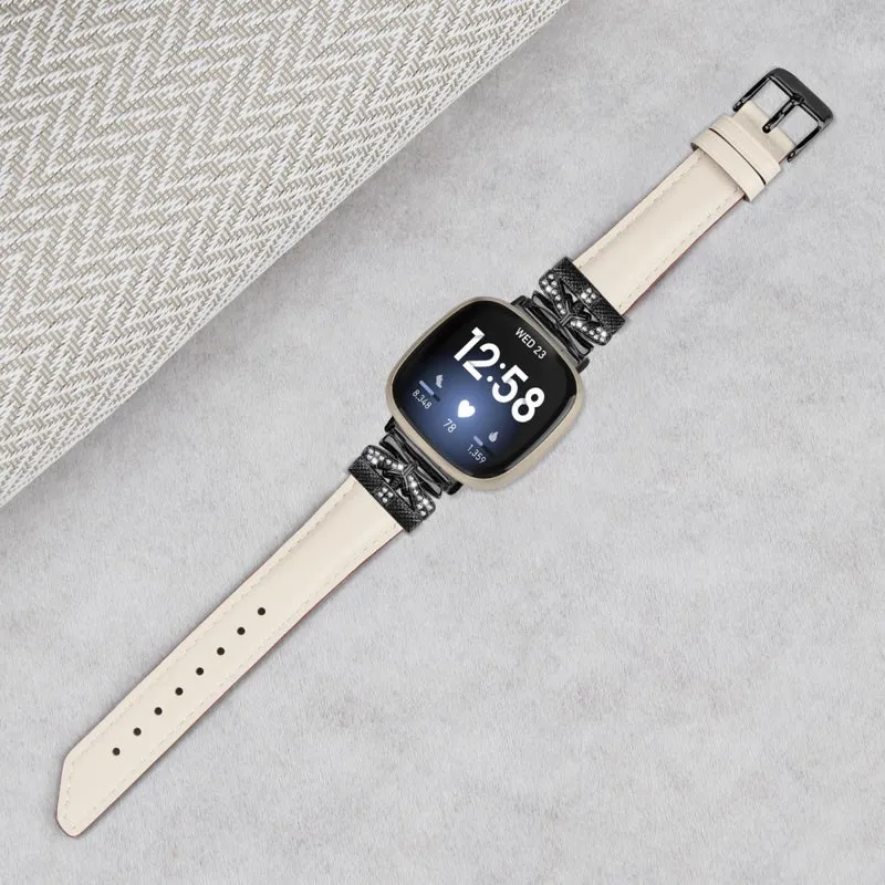 Fitbit Versa 3 / 4 / Sense / Sense 2 Black Buckle Geniune Cowhide Leather Band Butterfly Watch Strap
