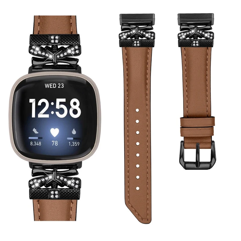 Fitbit Versa 3 / 4 / Sense / Sense 2 Black Buckle Geniune Cowhide Leather Band Butterfly Watch Strap