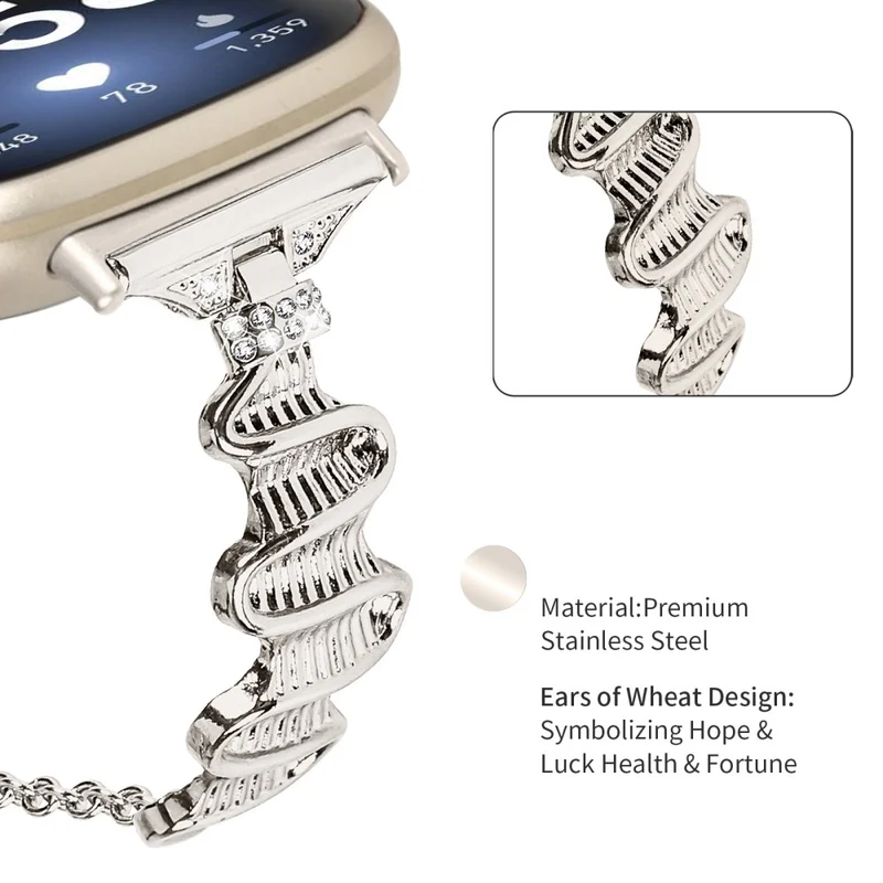 Fitbit Versa 4 / Sense 2 Stainless Steel Watch Band Rhinestones Decor Bracelet Strap Replacement