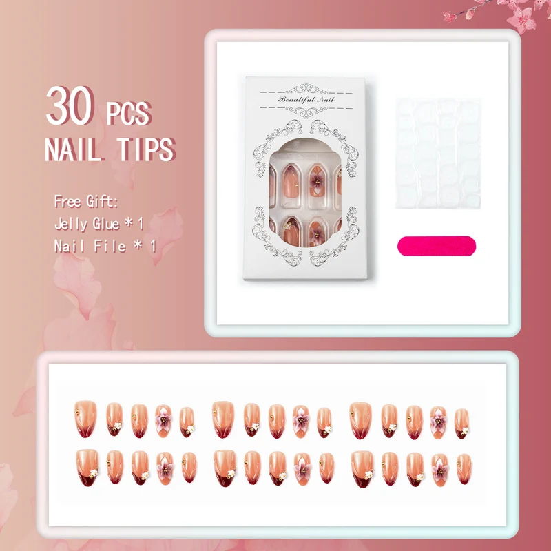 Premium Dekorative 3D Blumen Press-On Nagel Set