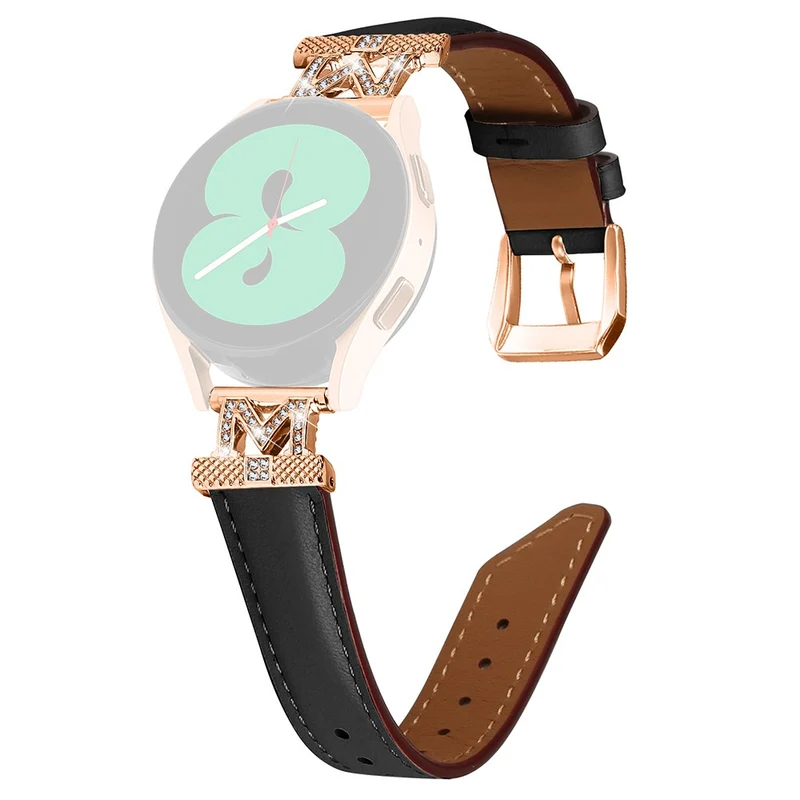 Genuine Cow Leather Band Samsung Galaxy Watch Universal Rhinestone M-shape 20mm Watch Strap with Rose Gold Buckle