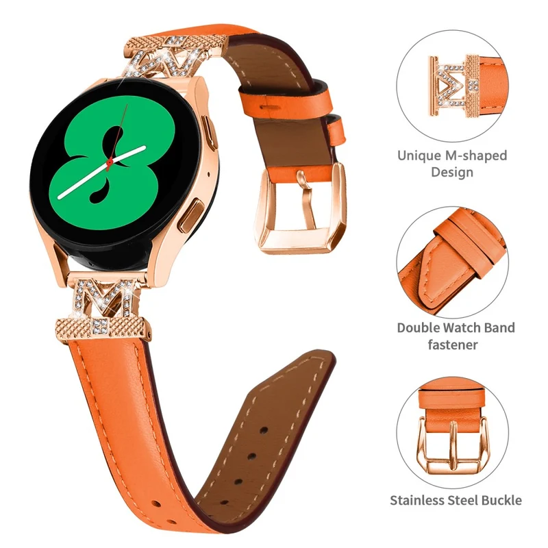 Genuine Cow Leather Band Samsung Galaxy Watch Universal Rhinestone M-shape 20mm Watch Strap with Rose Gold Buckle