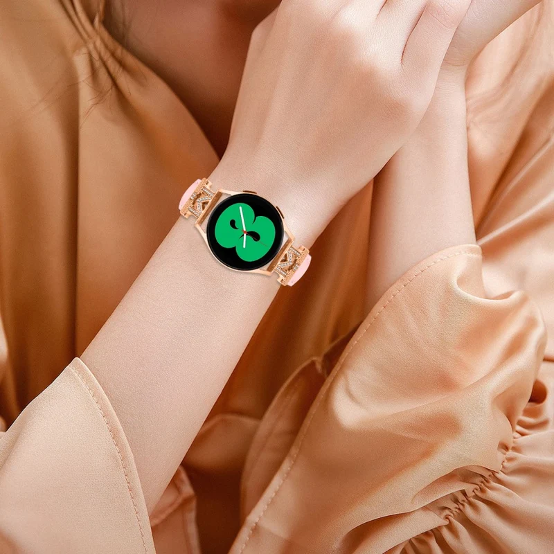 Genuine Cow Leather Band Samsung Galaxy Watch Universal Rhinestone M-shape 20mm Watch Strap with Rose Gold Buckle