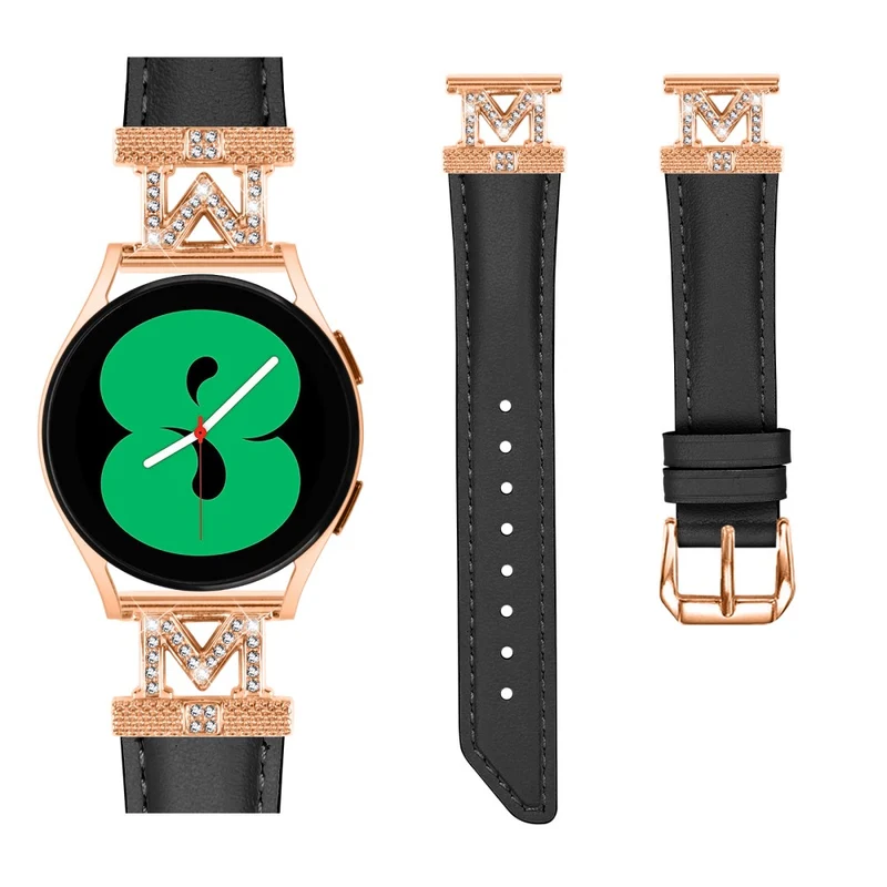 Genuine Cow Leather Band Samsung Galaxy Watch Universal Rhinestone M-shape 20mm Watch Strap with Rose Gold Buckle