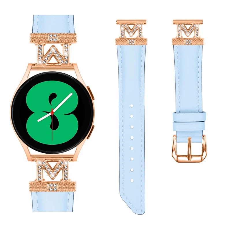 Genuine Cow Leather Band Samsung Galaxy Watch Universal Rhinestone M-shape 20mm Watch Strap with Rose Gold Buckle