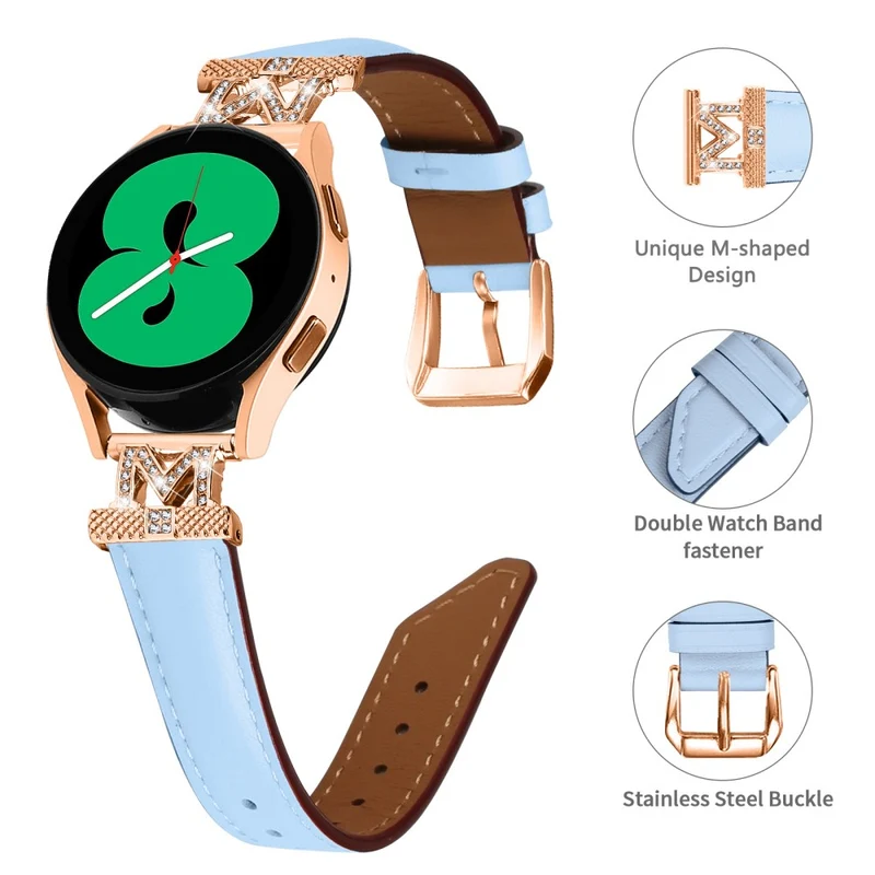 Genuine Cow Leather Band Samsung Galaxy Watch Universal Rhinestone M-shape 20mm Watch Strap with Rose Gold Buckle