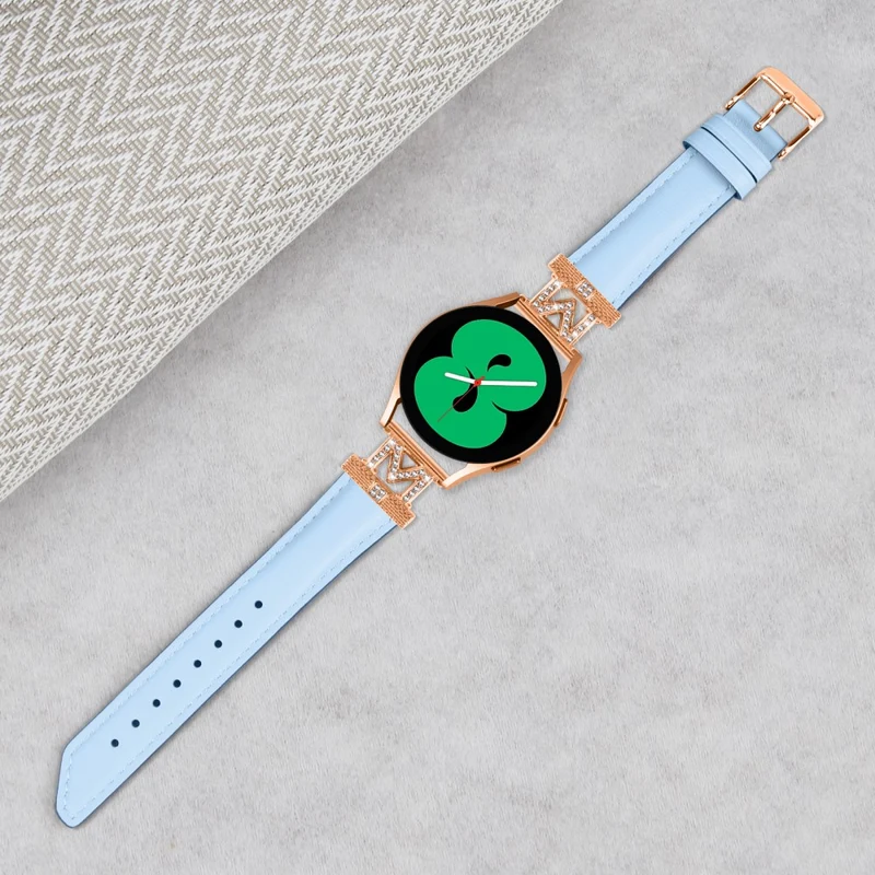 Genuine Cow Leather Band Samsung Galaxy Watch Universal Rhinestone M-shape 20mm Watch Strap with Rose Gold Buckle