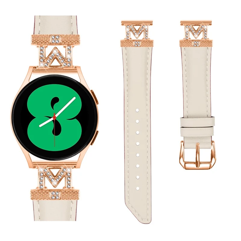 Genuine Cow Leather Band Samsung Galaxy Watch Universal Rhinestone M-shape 20mm Watch Strap with Rose Gold Buckle