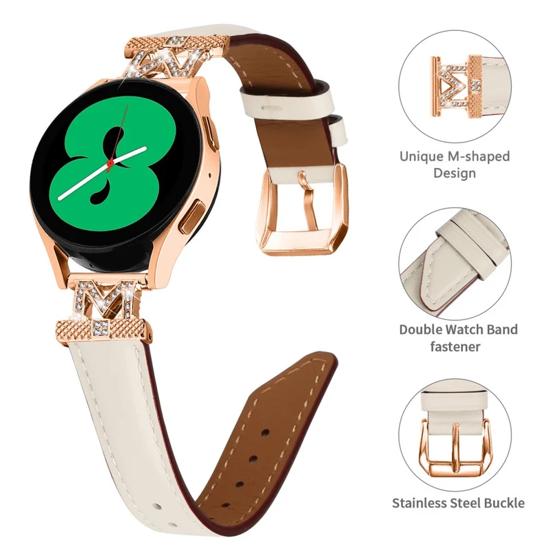 Genuine Cow Leather Band Samsung Galaxy Watch Universal Rhinestone M-shape 20mm Watch Strap with Rose Gold Buckle