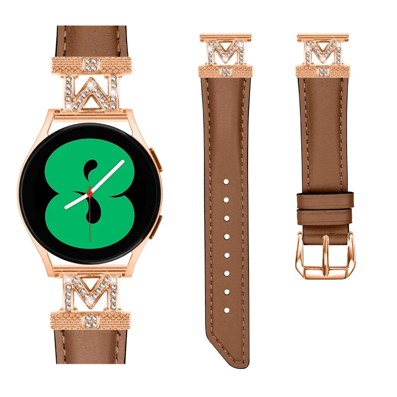 Genuine Cow Leather Band Samsung Galaxy Watch Universal Rhinestone M-shape 20mm Watch Strap with Rose Gold Buckle