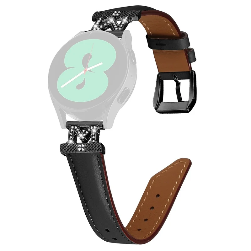 Rhinestone M-shape 20mm Band Samsung Galaxy Watch Universal Genuine Cow Leather Watch Strap with Black Buckle