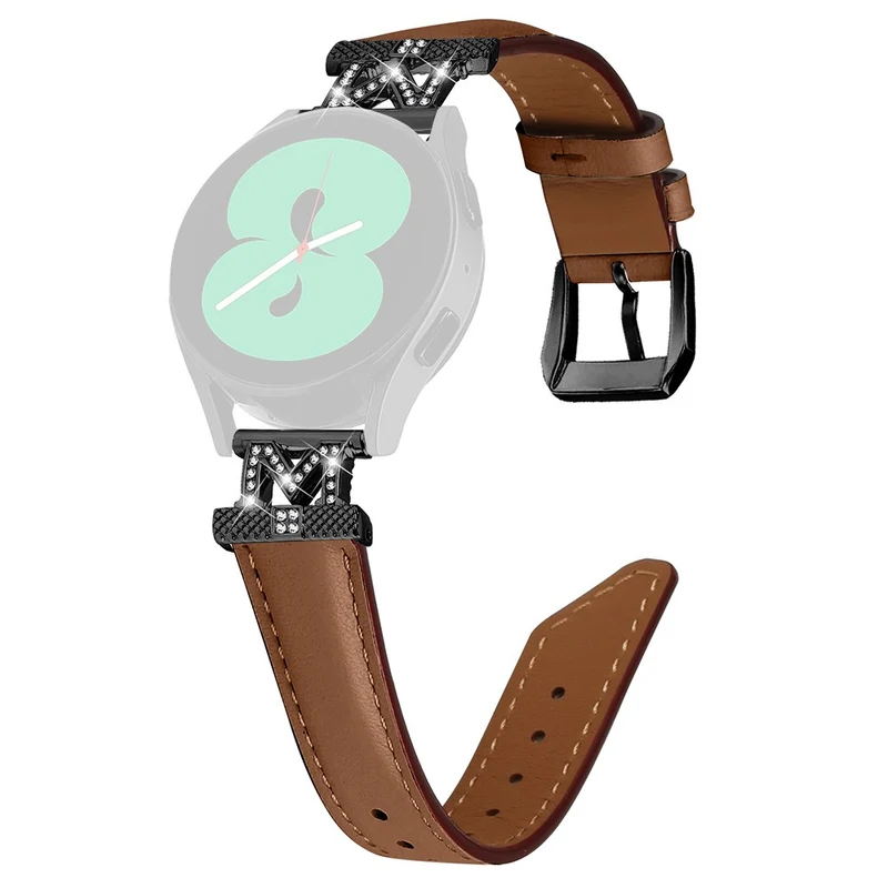 Rhinestone M-shape 20mm Band Samsung Galaxy Watch Universal Genuine Cow Leather Watch Strap with Black Buckle
