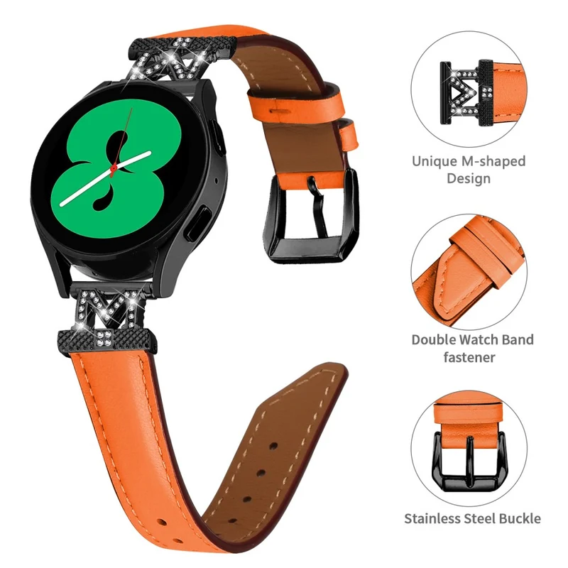 Rhinestone M-shape 20mm Band Samsung Galaxy Watch Universal Genuine Cow Leather Watch Strap with Black Buckle