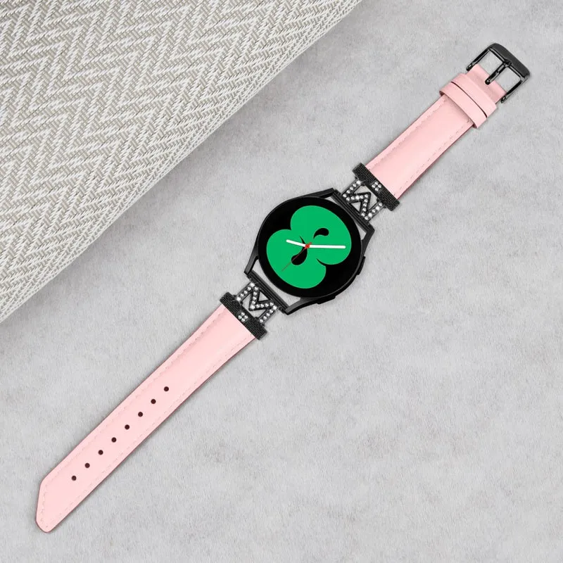 Rhinestone M-shape 20mm Band Samsung Galaxy Watch Universal Genuine Cow Leather Watch Strap with Black Buckle