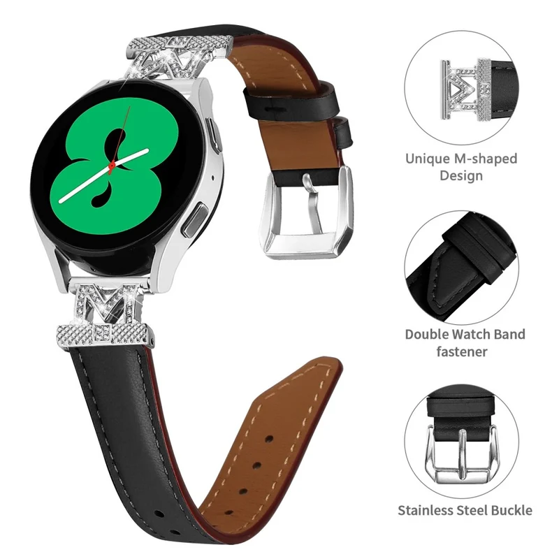 Watch Band Samsung Galaxy Watch Universal Rhinestone M-shape Design 20mm Slim Strap with Silver Buckle