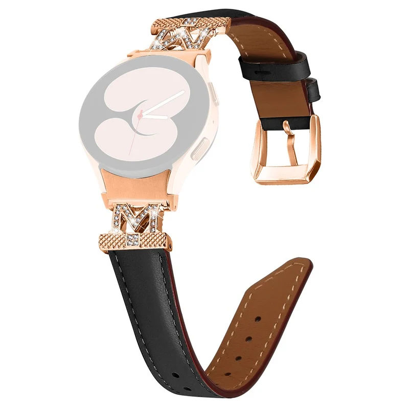 Watch Strap Samsung Galaxy Watch Universal Rhinestone M-shape Connector Genuine Cow Leather Band with Rose Gold Buckle