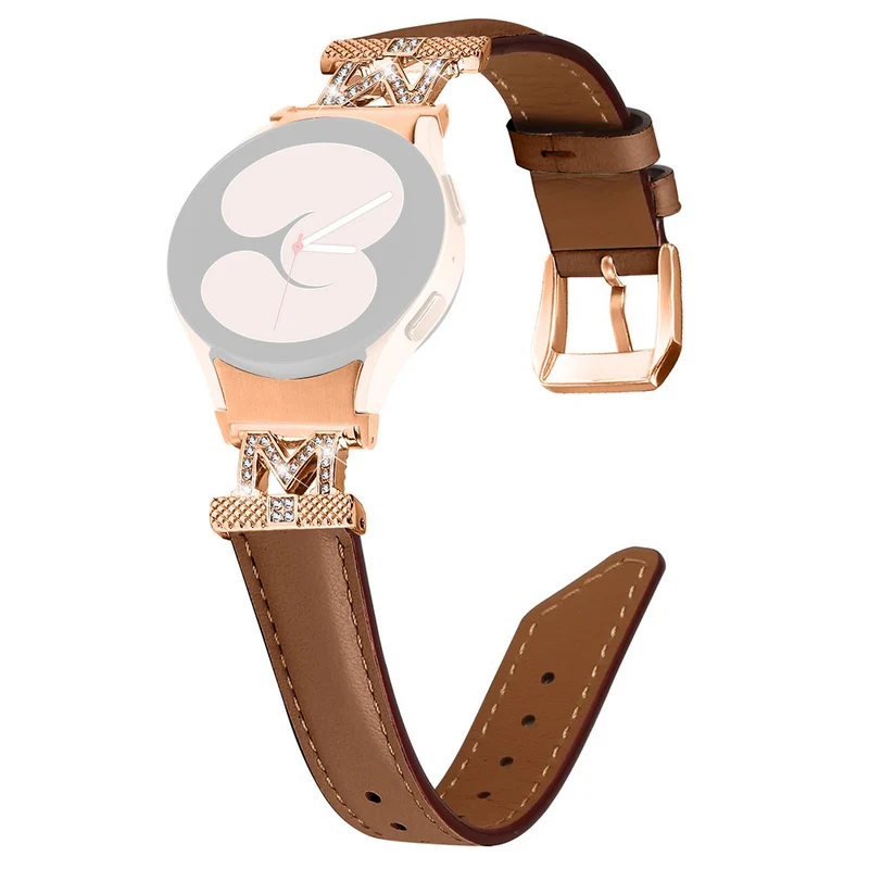 Watch Strap Samsung Galaxy Watch Universal Rhinestone M-shape Connector Genuine Cow Leather Band with Rose Gold Buckle