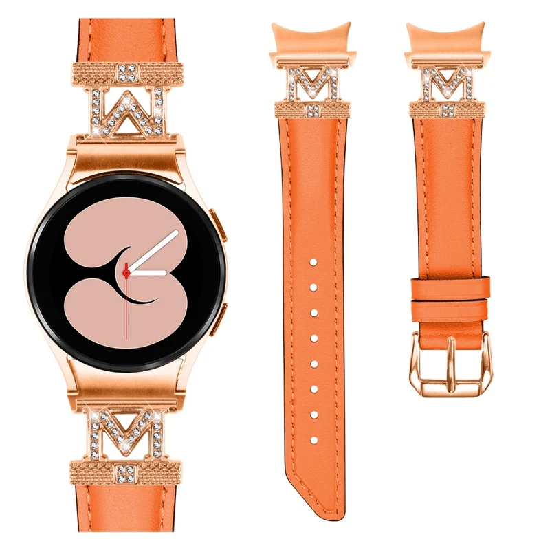 Watch Strap Samsung Galaxy Watch Universal Rhinestone M-shape Connector Genuine Cow Leather Band with Rose Gold Buckle
