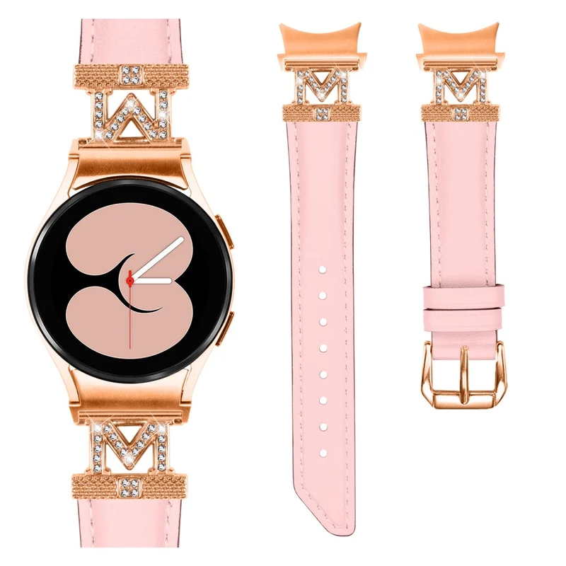 Watch Strap Samsung Galaxy Watch Universal Rhinestone M-shape Connector Genuine Cow Leather Band with Rose Gold Buckle