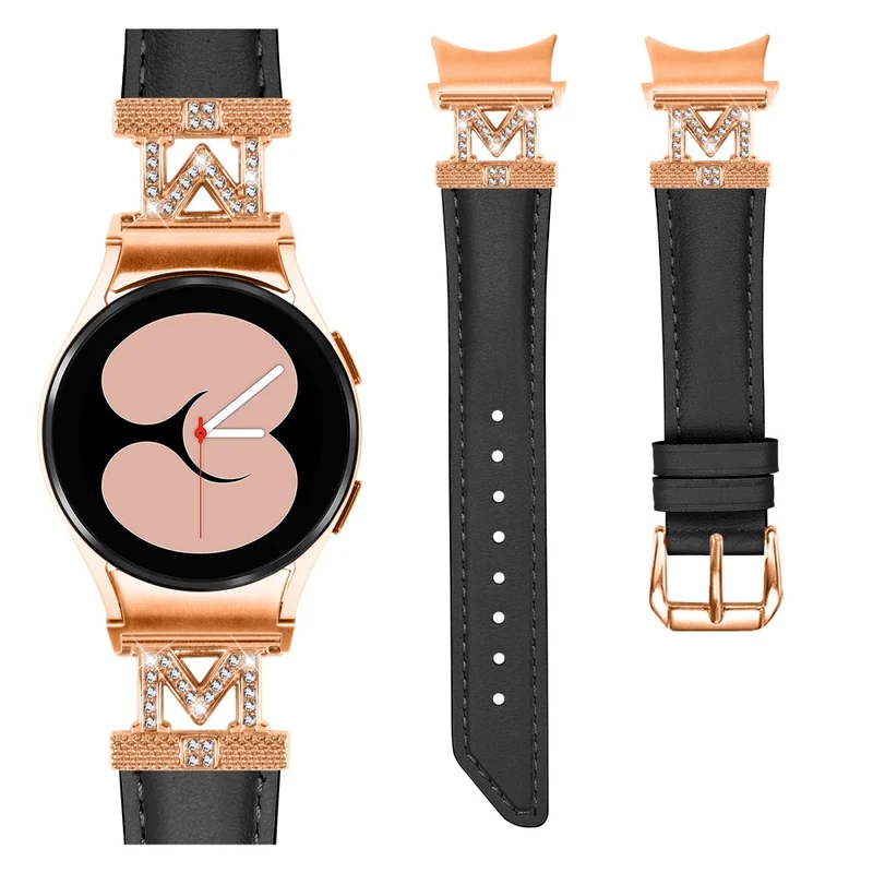 Watch Strap Samsung Galaxy Watch Universal Rhinestone M-shape Connector Genuine Cow Leather Band with Rose Gold Buckle