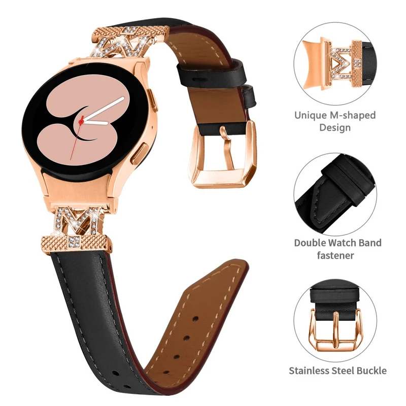 Watch Strap Samsung Galaxy Watch Universal Rhinestone M-shape Connector Genuine Cow Leather Band with Rose Gold Buckle