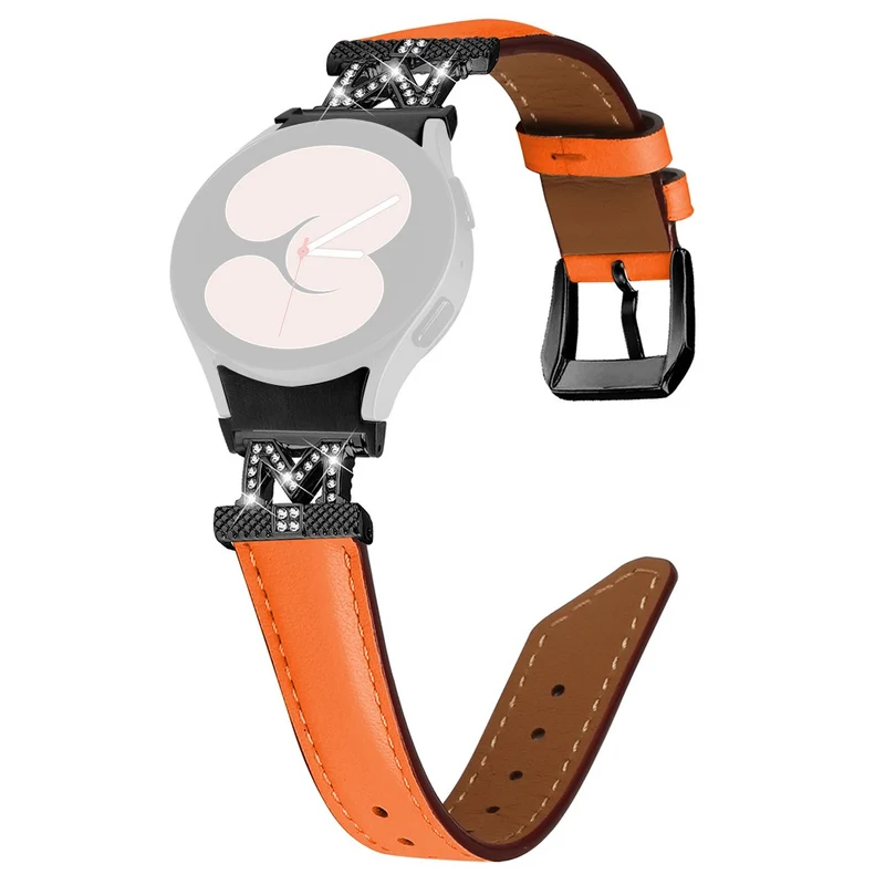 Genuine Cow Leather Band Samsung Galaxy Watch Universal Rhinestone M-shape Connector Watch Strap with Black Buckle