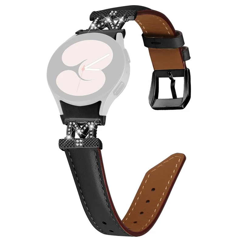 Genuine Cow Leather Band Samsung Galaxy Watch Universal Rhinestone M-shape Connector Watch Strap with Black Buckle