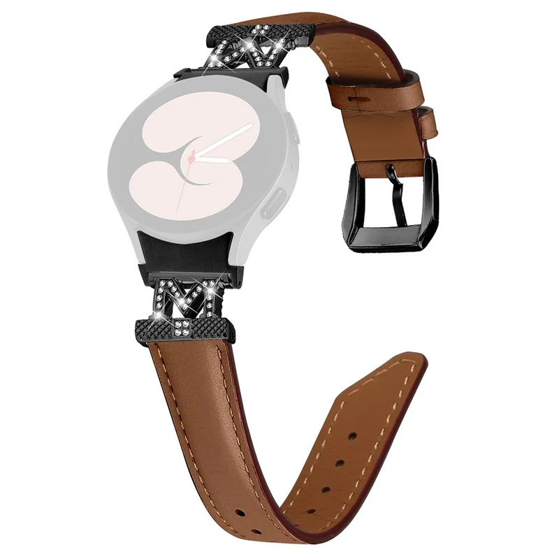 Genuine Cow Leather Band Samsung Galaxy Watch Universal Rhinestone M-shape Connector Watch Strap with Black Buckle