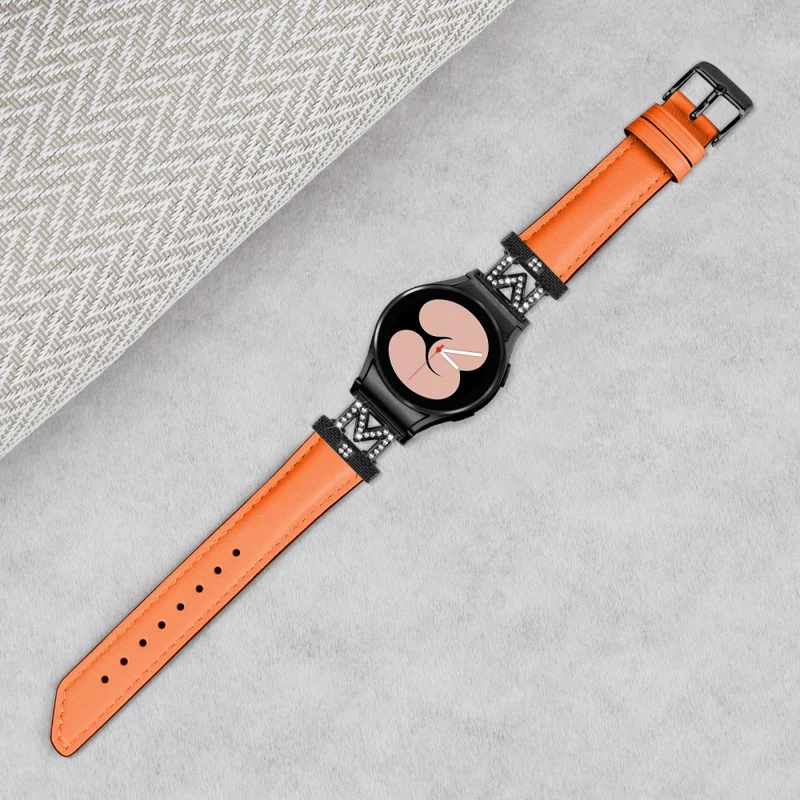 Genuine Cow Leather Band Samsung Galaxy Watch Universal Rhinestone M-shape Connector Watch Strap with Black Buckle