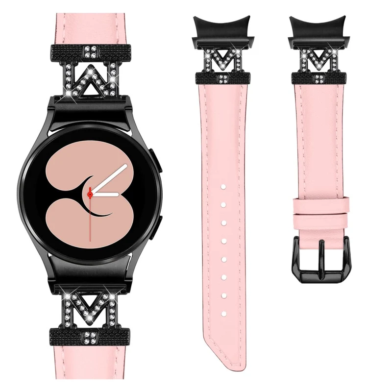 Genuine Cow Leather Band Samsung Galaxy Watch Universal Rhinestone M-shape Connector Watch Strap with Black Buckle