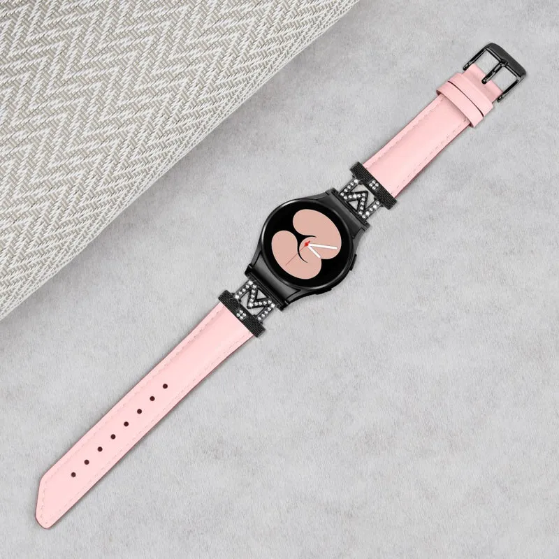 Genuine Cow Leather Band Samsung Galaxy Watch Universal Rhinestone M-shape Connector Watch Strap with Black Buckle