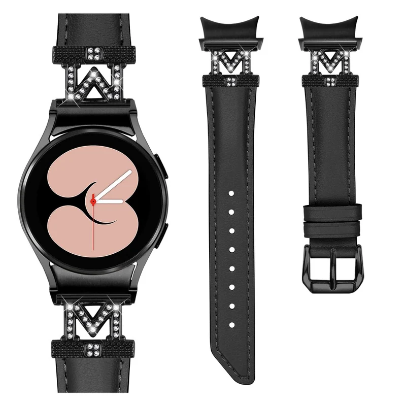 Genuine Cow Leather Band Samsung Galaxy Watch Universal Rhinestone M-shape Connector Watch Strap with Black Buckle