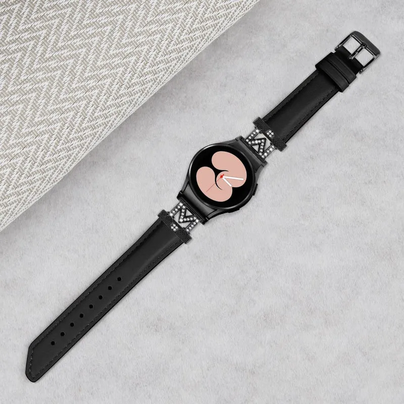Genuine Cow Leather Band Samsung Galaxy Watch Universal Rhinestone M-shape Connector Watch Strap with Black Buckle
