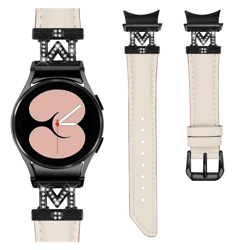 Genuine Cow Leather Band Samsung Galaxy Watch Universal Rhinestone M-shape Connector Watch Strap with Black Buckle
