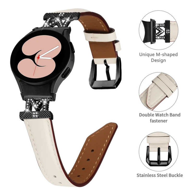 Genuine Cow Leather Band Samsung Galaxy Watch Universal Rhinestone M-shape Connector Watch Strap with Black Buckle