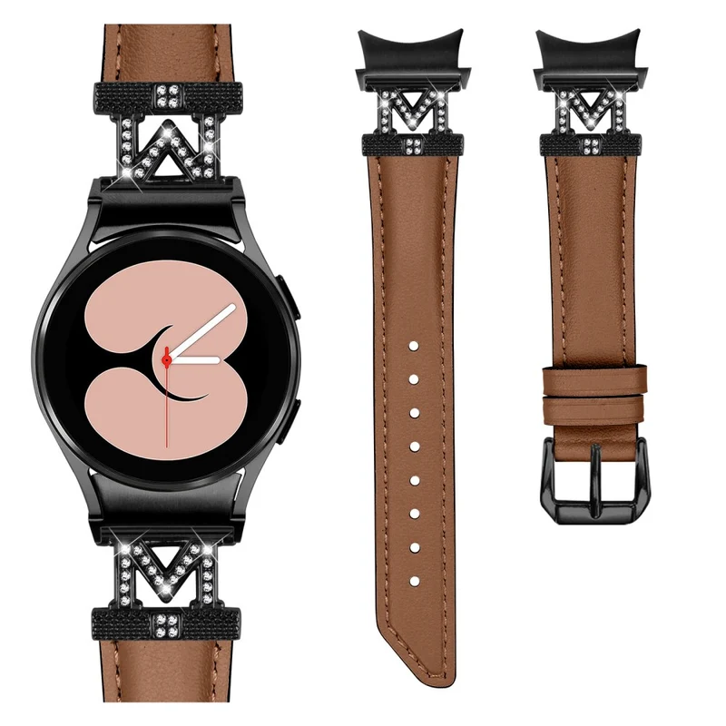 Genuine Cow Leather Band Samsung Galaxy Watch Universal Rhinestone M-shape Connector Watch Strap with Black Buckle