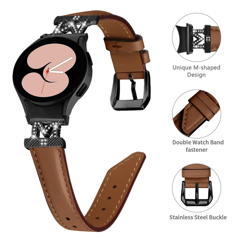 Genuine Cow Leather Band Samsung Galaxy Watch Universal Rhinestone M-shape Connector Watch Strap with Black Buckle