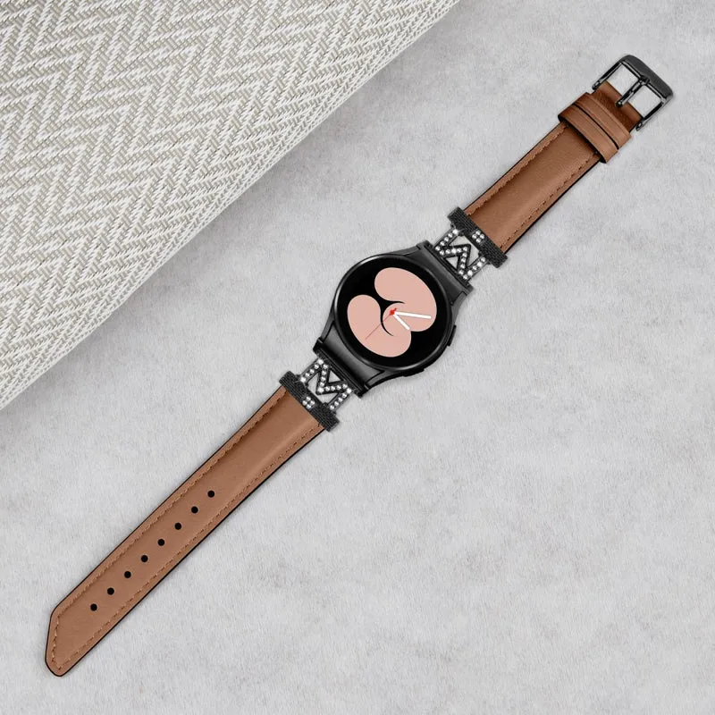 Genuine Cow Leather Band Samsung Galaxy Watch Universal Rhinestone M-shape Connector Watch Strap with Black Buckle