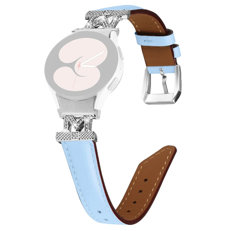 Watch Band Samsung Galaxy Watch Universal Genuine Cow Leather Rhinestone M-shape Connector Strap with Silver Buckle