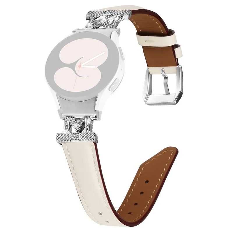 Watch Band Samsung Galaxy Watch Universal Genuine Cow Leather Rhinestone M-shape Connector Strap with Silver Buckle