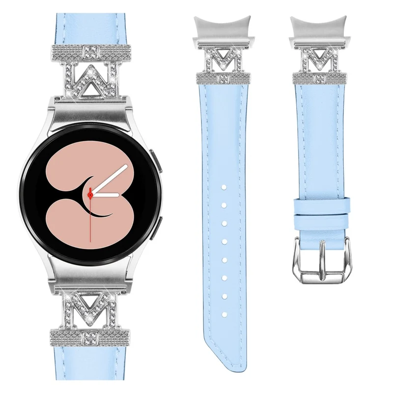 Watch Band Samsung Galaxy Watch Universal Genuine Cow Leather Rhinestone M-shape Connector Strap with Silver Buckle