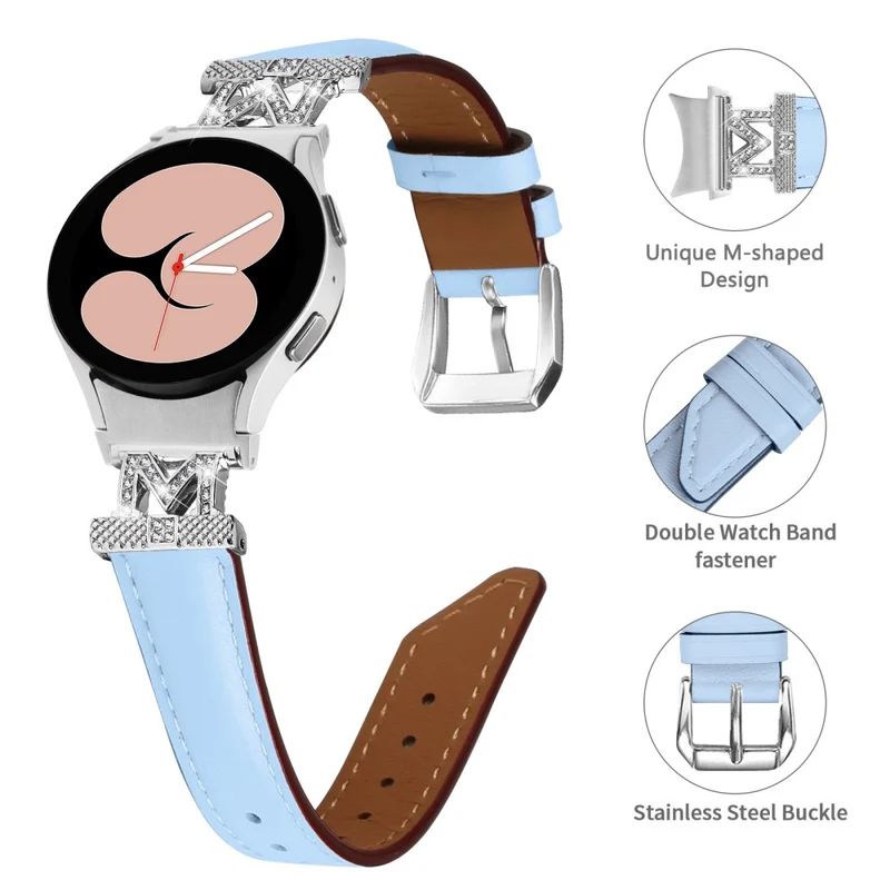 Watch Band Samsung Galaxy Watch Universal Genuine Cow Leather Rhinestone M-shape Connector Strap with Silver Buckle